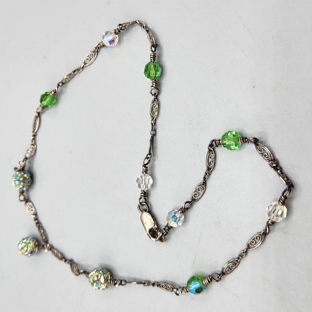 Sterling Silver 16" Filigree Necklace with Sparkly Green Beads
